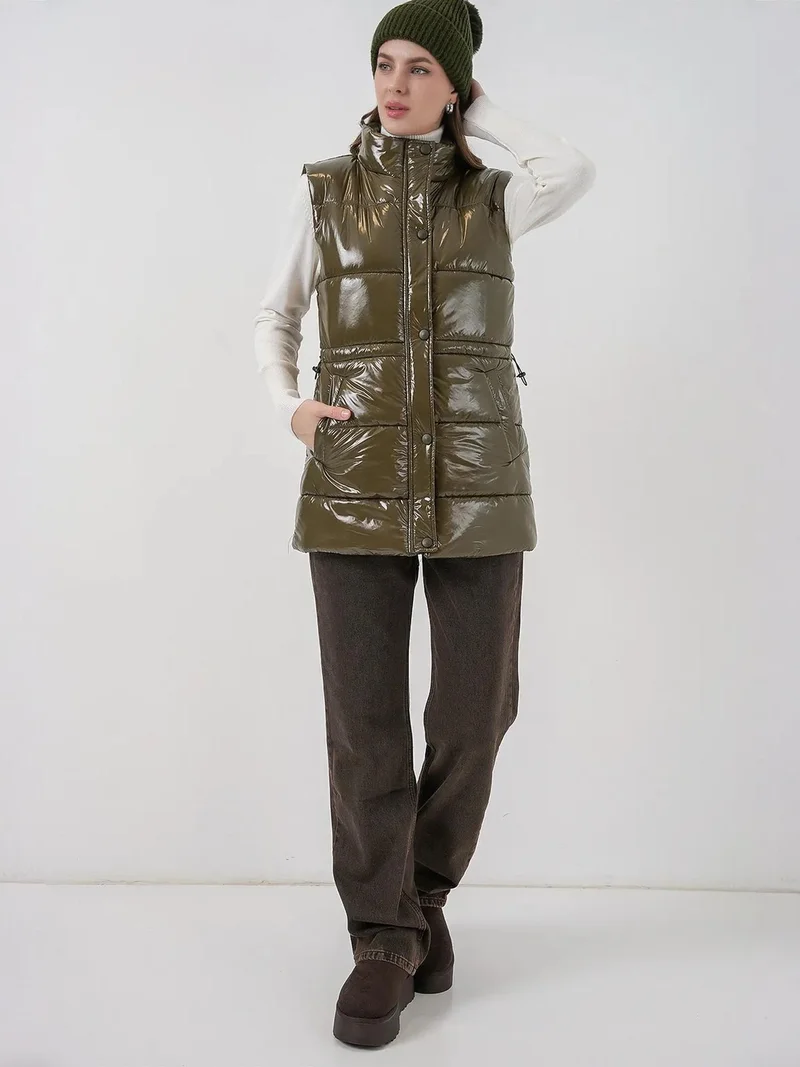 Big Dart Khaki Green BDART Shiny Zippered Puffer Vest for Women | Best Price UAE