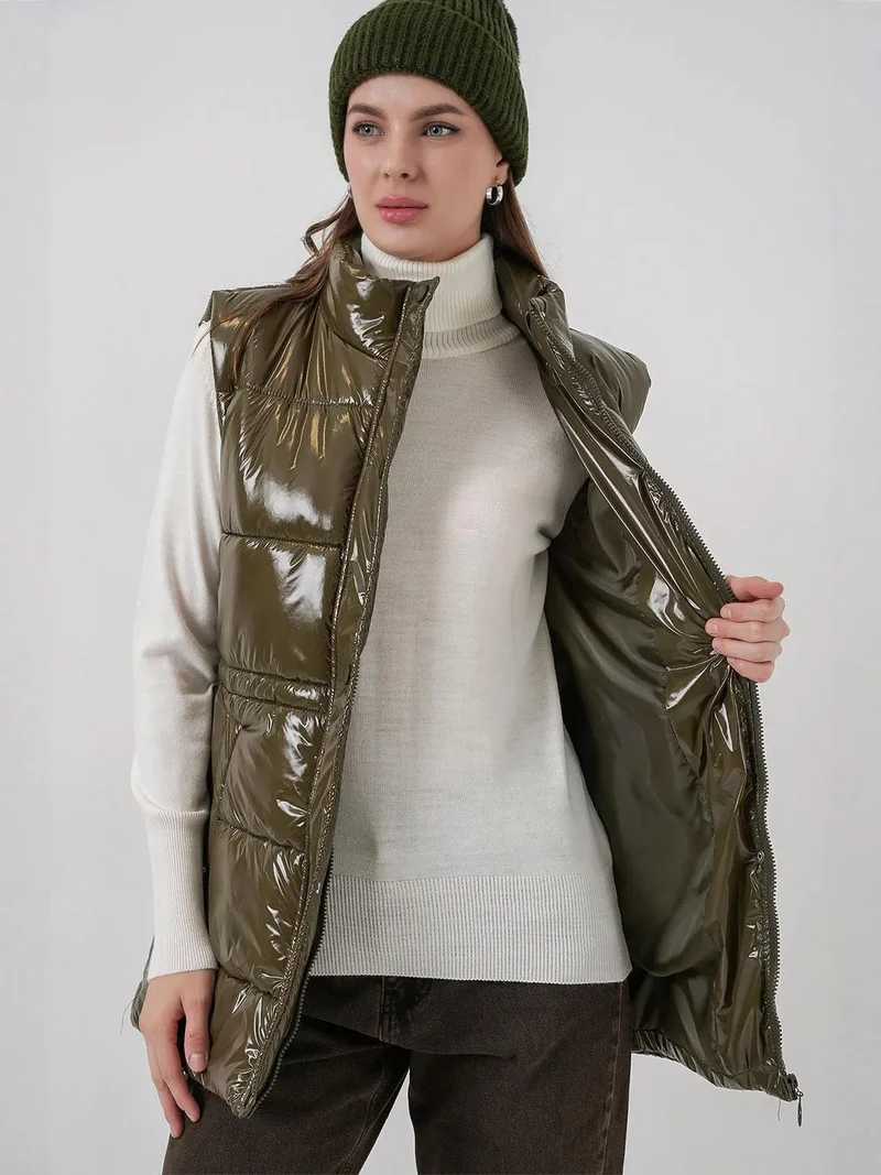 Big Dart Khaki Green BDART Shiny Zippered Puffer Vest for Women | Best Price UAE
