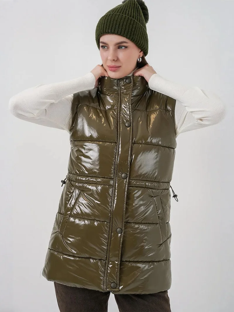 Big Dart Khaki Green BDART Shiny Zippered Puffer Vest for Women | Best Price UAE