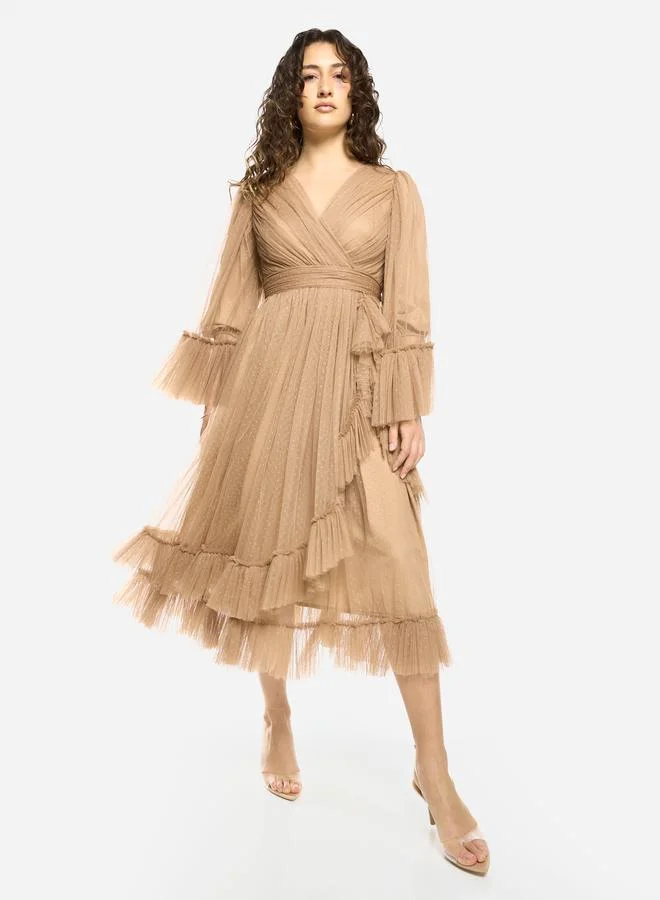 House of Moda Ruffle Trim Wrap Layered Midi Dress