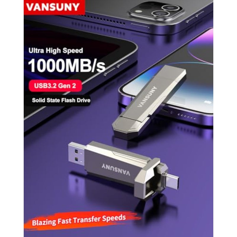 USB-C Stick 256 جيجابايت SSD خارجي لهاتف iPhone 15/16 Android والكمبيوتر المحمول والكمبيوتر اللوحي Mac، هيكل من الألومنيوم، أسود، سرعة قراءة تصل إلى 1000 ميجابايت/ثانية - Image 2