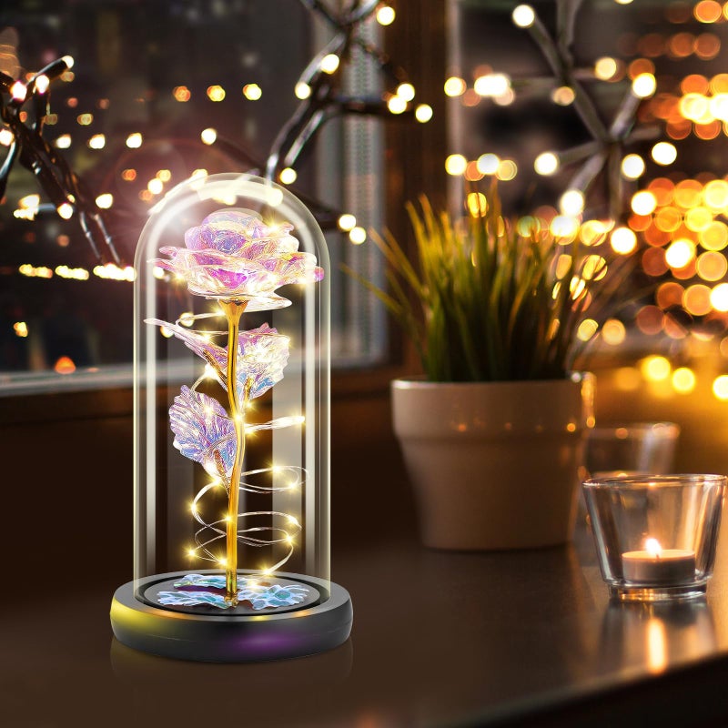 Otlonpe Preserved Artificial Glass Rose Flower Lamp, Forever Women Gifts for Birthday Christmas Valentines Mothers Day, 7.7'' Colorful Rose Gifts for Mom Grandma Daughter Wife Girlfriend, Home Decor - Image 2