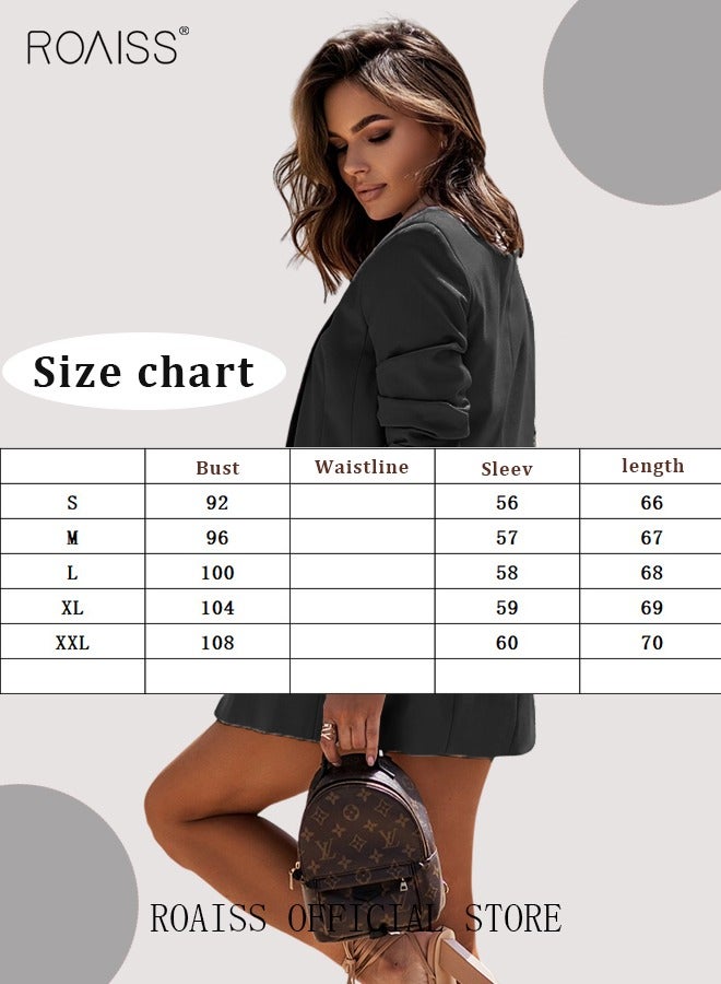roaiss Women's Casual Business Blazer Fashion Casual Solid Color Office Coat Classic Lapel Button Open Placket Coat - Image 3
