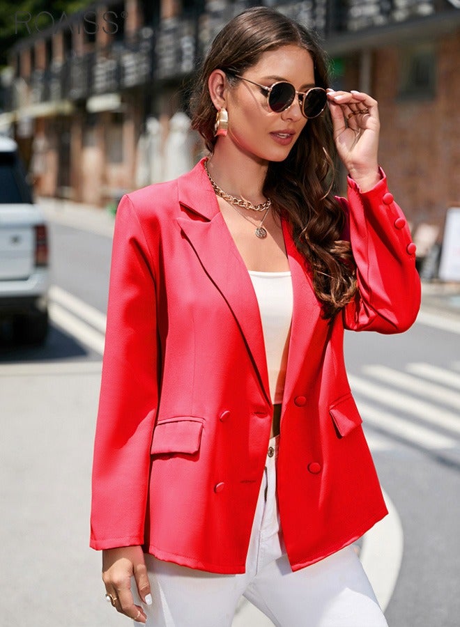 roaiss Women's Casual Business Blazer Fashion Casual Solid Color Office Coat Classic Lapel Button Open Placket Coat - Image 2