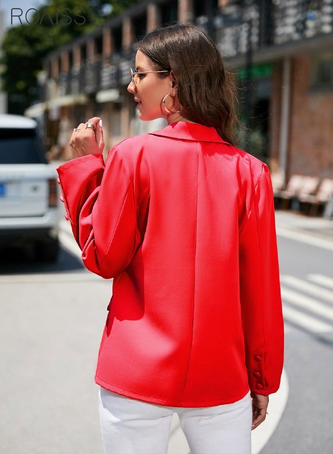 roaiss Women's Casual Business Blazer Fashion Casual Solid Color Office Coat Classic Lapel Button Open Placket Coat - Image 5