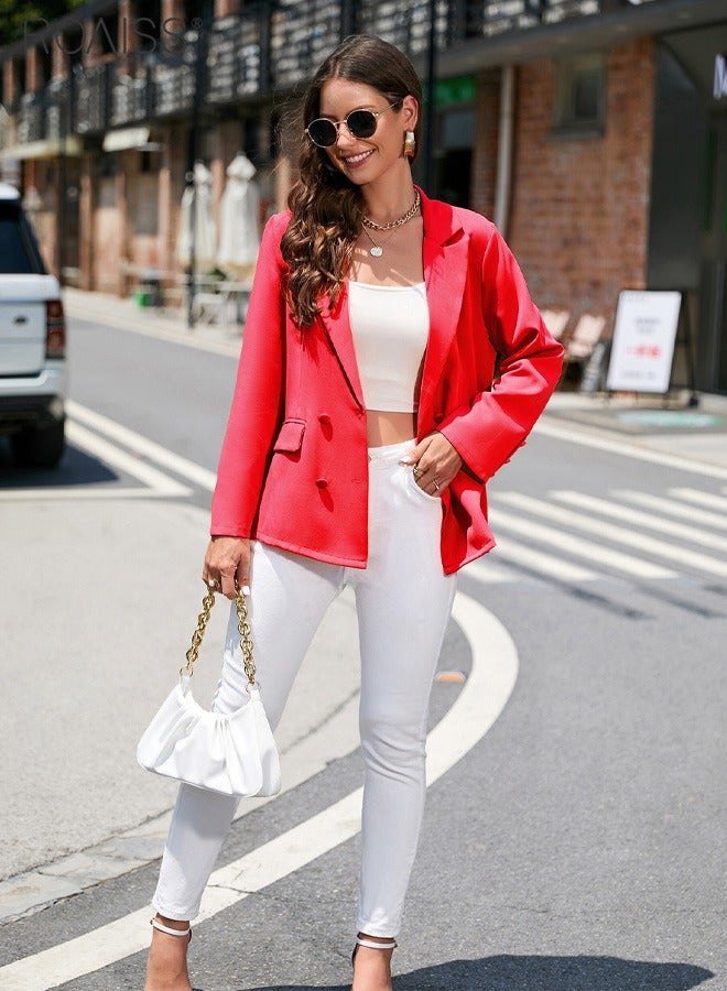 roaiss Women's Casual Business Blazer Fashion Casual Solid Color Office Coat Classic Lapel Button Open Placket Coat - Image 4