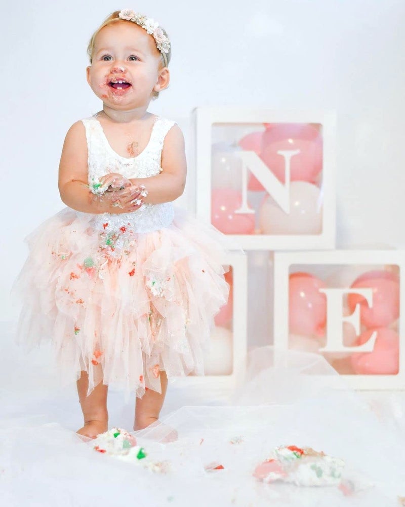PartyHooman First Birthday Decorations Balloon 'ONE' Boxes for Baby Girl - 24 Balloons - Baby 1st Birthday Girl Decoration, Clear Cube Blocks 'ONE' Letters as Cake Smash Photoshoot Props Backdrop | 1 Year Old - Image 3