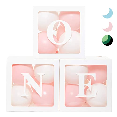 PartyHooman First Birthday Decorations Balloon 'ONE' Boxes for Baby Girl - 24 Balloons - Baby 1st Birthday Girl Decoration, Clear Cube Blocks 'ONE' Letters as Cake Smash Photoshoot Props Backdrop | 1 Year Old - Image 1