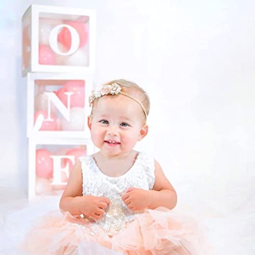 PartyHooman First Birthday Decorations Balloon 'ONE' Boxes for Baby Girl - 24 Balloons - Baby 1st Birthday Girl Decoration, Clear Cube Blocks 'ONE' Letters as Cake Smash Photoshoot Props Backdrop | 1 Year Old - Image 2
