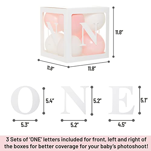 PartyHooman First Birthday Decorations Balloon 'ONE' Boxes for Baby Girl - 24 Balloons - Baby 1st Birthday Girl Decoration, Clear Cube Blocks 'ONE' Letters as Cake Smash Photoshoot Props Backdrop | 1 Year Old - Image 5