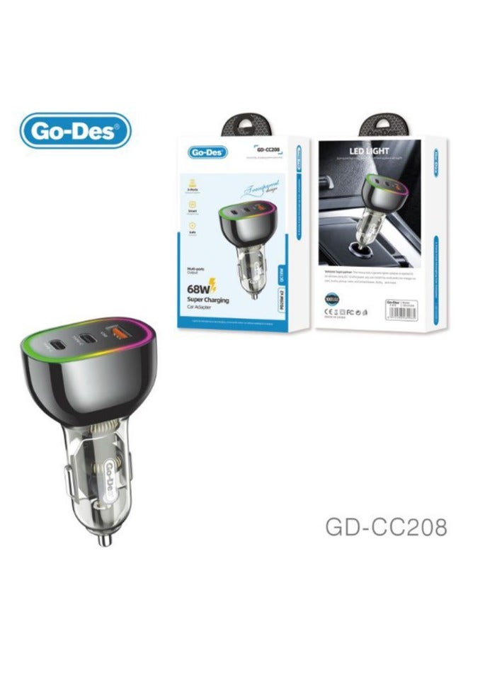 GO-DES Go Des GD-CC208 Fast Charging Dual Type-C + USB-A Port Car Charger 68W - Image 1