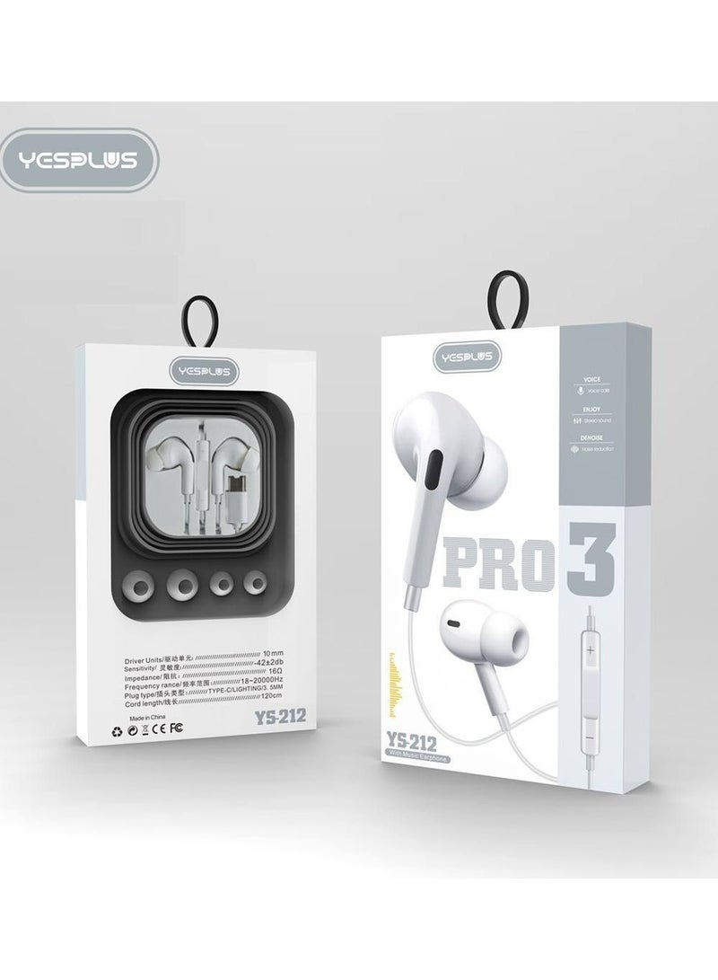 YESPLUS PRO3 Type-C Wired Earphones – In-Ear Headphones with Mic, Remote & Deep Bass | USB-C Earbuds for Android Phones – White - Image 1