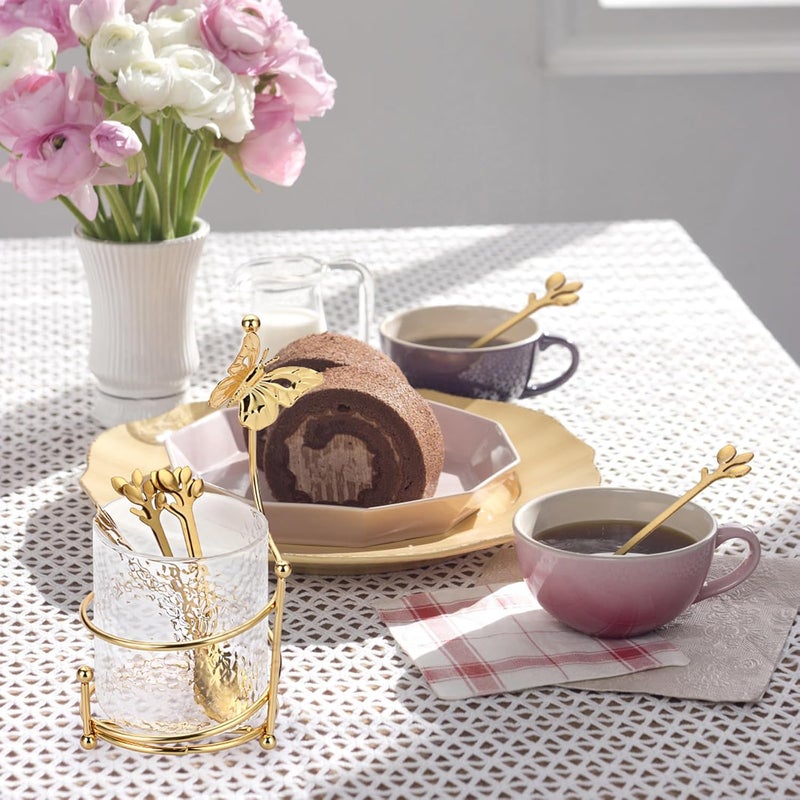 ELLDOO Coffee Spoon Set, Clear Glass Holder with 8 Stainless Steel Gold Leaf Coffee Spoons, Creative Flatware Set for Stirring, Mixing, Sugar, Ice Cream, Cake (8 x Spoons) - Image 5