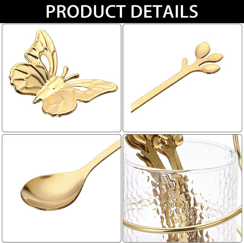 ELLDOO Coffee Spoon Set, Clear Glass Holder with 8 Stainless Steel Gold Leaf Coffee Spoons, Creative Flatware Set for Stirring, Mixing, Sugar, Ice Cream, Cake (8 x Spoons) - Image 3