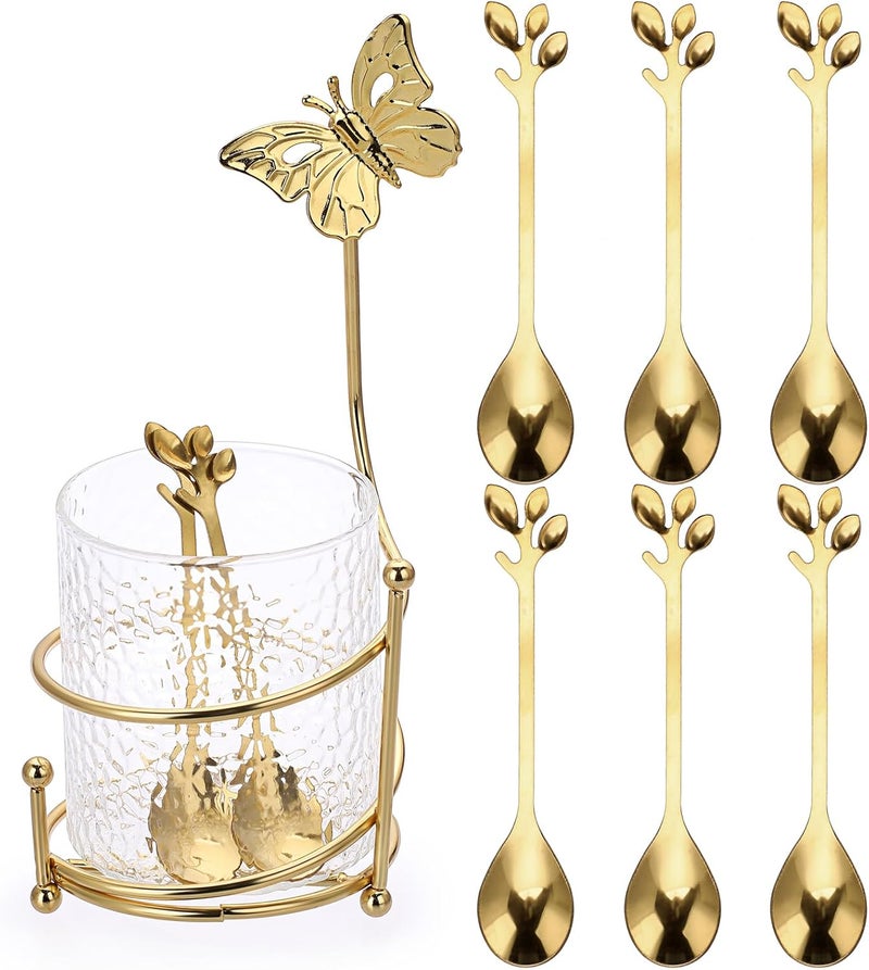 ELLDOO Coffee Spoon Set, Clear Glass Holder with 8 Stainless Steel Gold Leaf Coffee Spoons, Creative Flatware Set for Stirring, Mixing, Sugar, Ice Cream, Cake (8 x Spoons) - Image 1