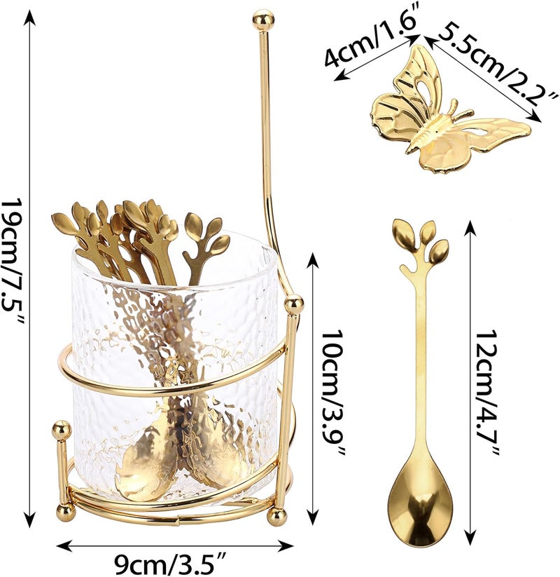 ELLDOO Coffee Spoon Set, Clear Glass Holder with 8 Stainless Steel Gold Leaf Coffee Spoons, Creative Flatware Set for Stirring, Mixing, Sugar, Ice Cream, Cake (8 x Spoons) - Image 2
