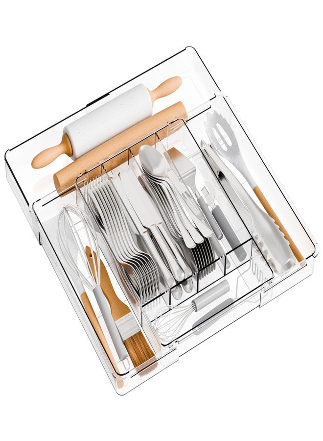 Yieach Clear Utensil Drawer Organizer - Expandable 9.4-15.6 In - Adjustable Silverware Tray for Drawer,Fork and Spoon Organizer,Plastic Cooking Utensil Holder for Cutlery Flatware Spatula Tools - Image 1