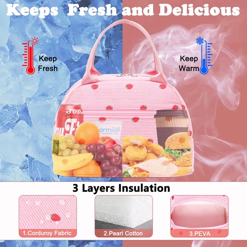 FlowFly Insulated Lunch Bag for Women â€“ Corduroy Lunch Tote Box, Cute Cooler Bag for Work, Travel, Picnic,Corduroy Strawberries RoseRed - Image 2