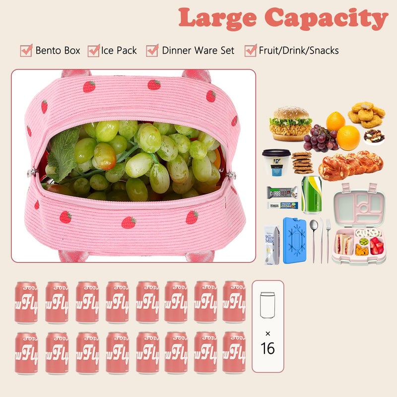 FlowFly Insulated Lunch Bag for Women â€“ Corduroy Lunch Tote Box, Cute Cooler Bag for Work, Travel, Picnic,Corduroy Strawberries RoseRed - Image 4