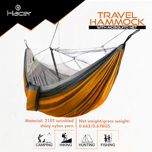 HACER Portable Outdoor Camping Hammock with Mosquito Net & Carabiner Nylon Windproof Hanging Swing for Hiking Backpacking - Orange & Grey - Image 3