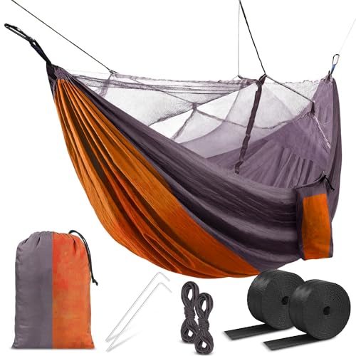 HACER Portable Outdoor Camping Hammock with Mosquito Net & Carabiner Nylon Windproof Hanging Swing for Hiking Backpacking - Orange & Grey - Image 1