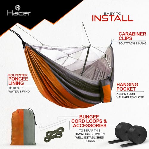 HACER Portable Outdoor Camping Hammock with Mosquito Net & Carabiner Nylon Windproof Hanging Swing for Hiking Backpacking - Orange & Grey - Image 2