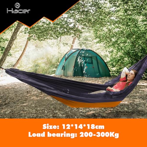 HACER Portable Outdoor Camping Hammock with Mosquito Net & Carabiner Nylon Windproof Hanging Swing for Hiking Backpacking - Orange & Grey - Image 5