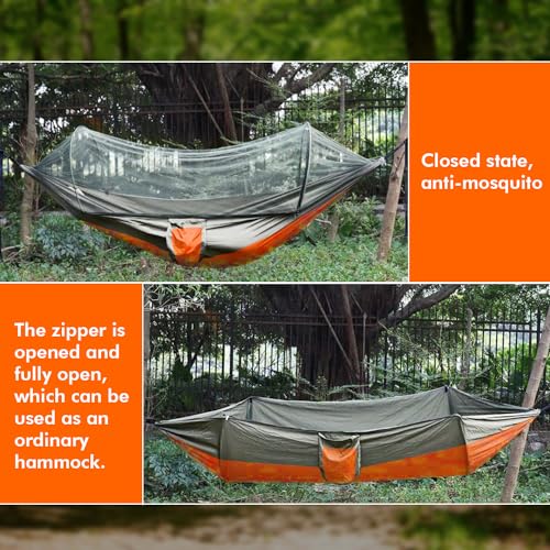 HACER Portable Outdoor Camping Hammock with Mosquito Net & Carabiner Nylon Windproof Hanging Swing for Hiking Backpacking - Orange & Grey - Image 4