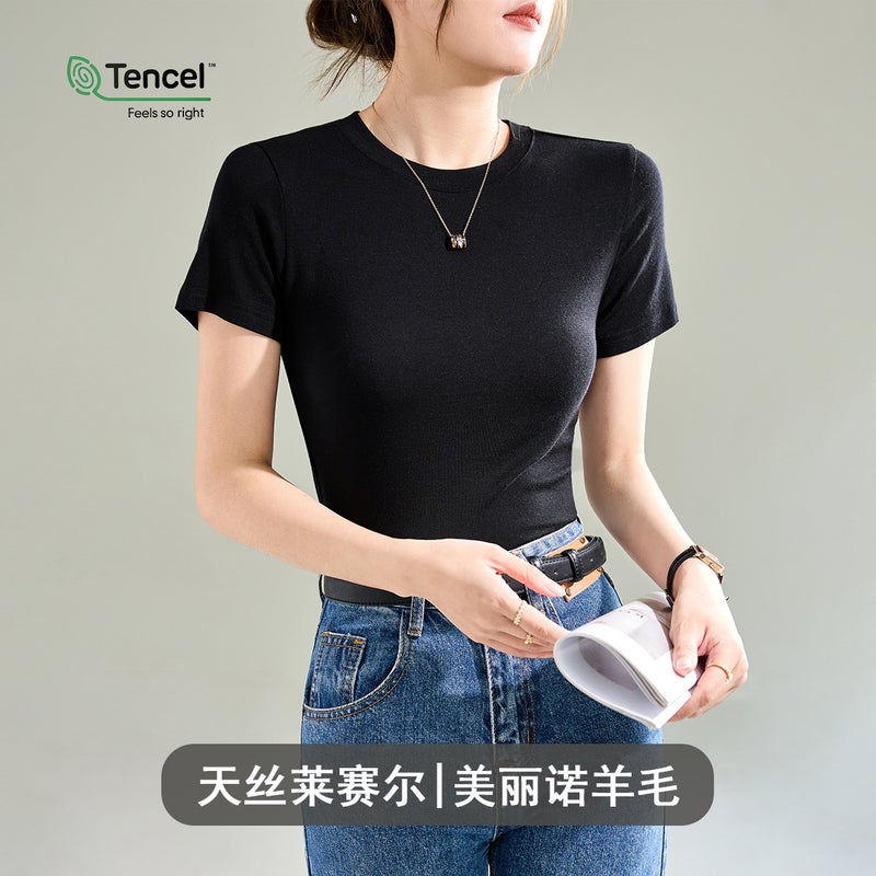 Wool Tencel Lyocell Fitted Round Neck Womens Tee for Summer Black short sleeves 