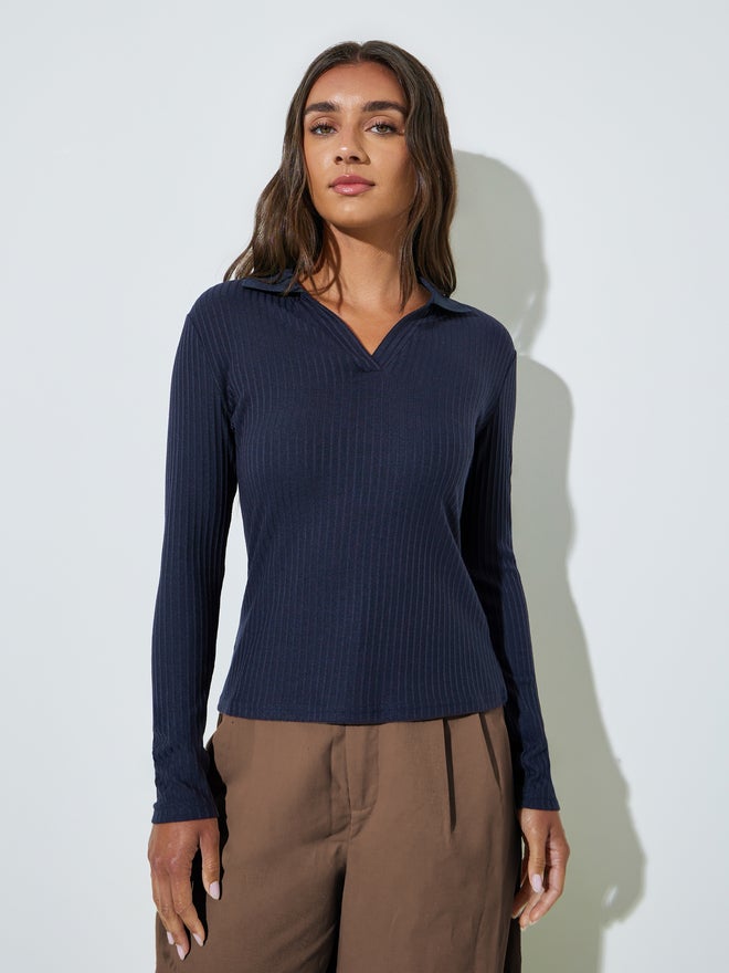 Styli Navy Blue Textured Knit Top with Open Collar - Image 3