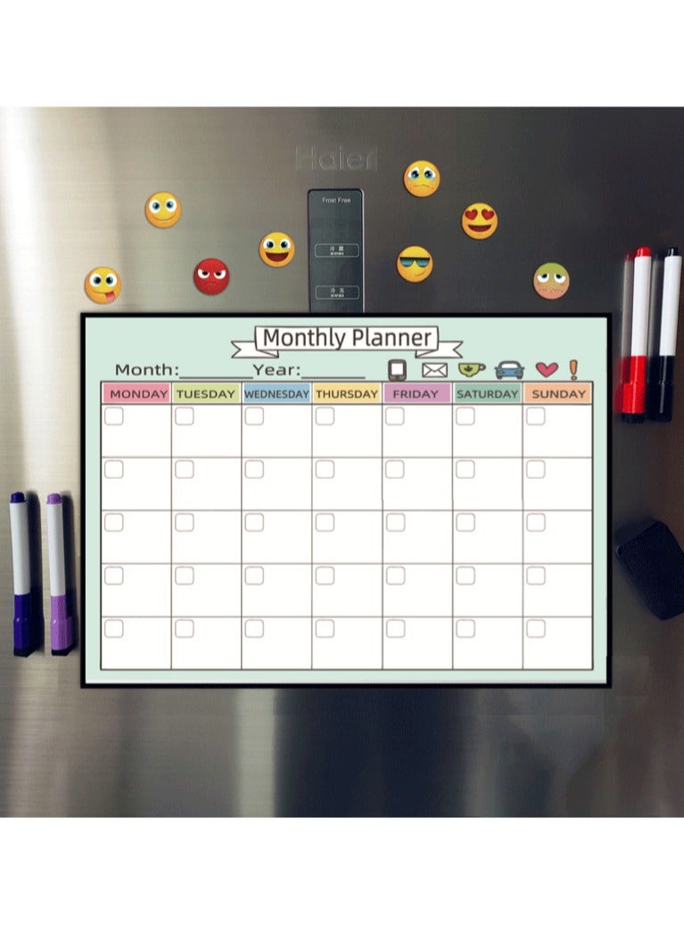 بيوينتي 【شهري】 مخطط سبورة بيضاء مغناطيسي، مجموعة لوحات تقويم أسبوعية وشهرية، منظم تخطيط سبورة بيضاء للثلاجة، قابل للمسح الجاف، قائمة مهام، سطح مقاوم للبقع مع ممحاة واحدة، 3 أقلام تحديد للمطبخ أو المكتب - Image 2