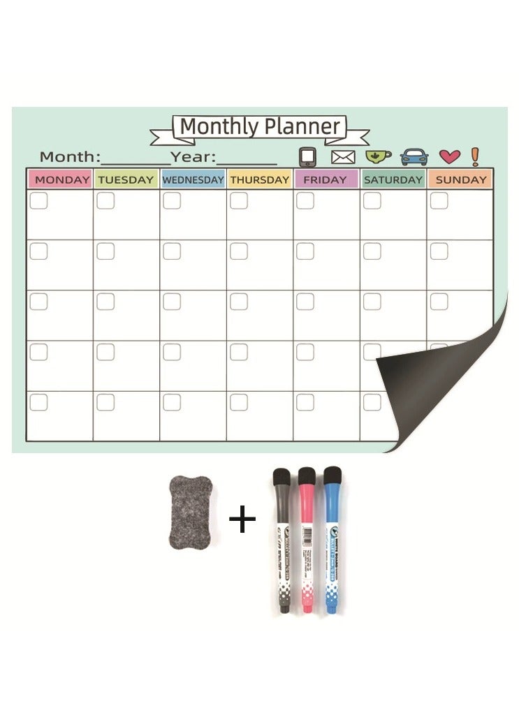 بيوينتي 【شهري】 مخطط سبورة بيضاء مغناطيسي، مجموعة لوحات تقويم أسبوعية وشهرية، منظم تخطيط سبورة بيضاء للثلاجة، قابل للمسح الجاف، قائمة مهام، سطح مقاوم للبقع مع ممحاة واحدة، 3 أقلام تحديد للمطبخ أو المكتب - Image 1