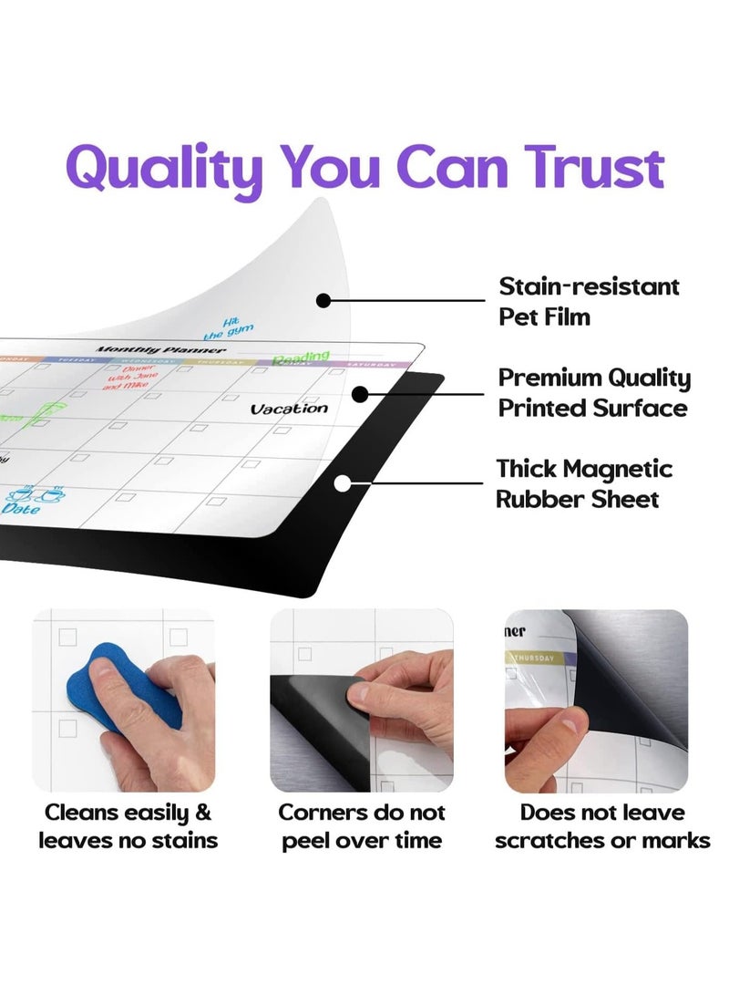 بيوينتي 【شهري】 مخطط سبورة بيضاء مغناطيسي، مجموعة لوحات تقويم أسبوعية وشهرية، منظم تخطيط سبورة بيضاء للثلاجة، قابل للمسح الجاف، قائمة مهام، سطح مقاوم للبقع مع ممحاة واحدة، 3 أقلام تحديد للمطبخ أو المكتب - Image 5