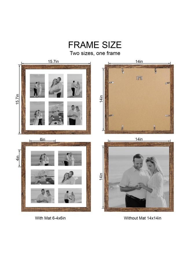 Hongkee 14x14 Picture Frame Set of 2, Rustic Brown Certificate Document Frames with Glass Collage Frame, Display Pictures Six 4x6 With Mat or 14 x 14 Without Mat for Wall Hanging or Tabletop - Image 2
