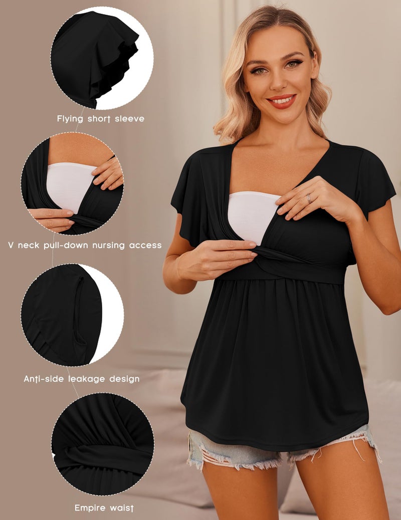 إكواير Maternity Shirts 3 Packs Flying Short Sleeve Nursing Tops Pregnancy Clothes Black+Grey+Lake Blue M - Image 2
