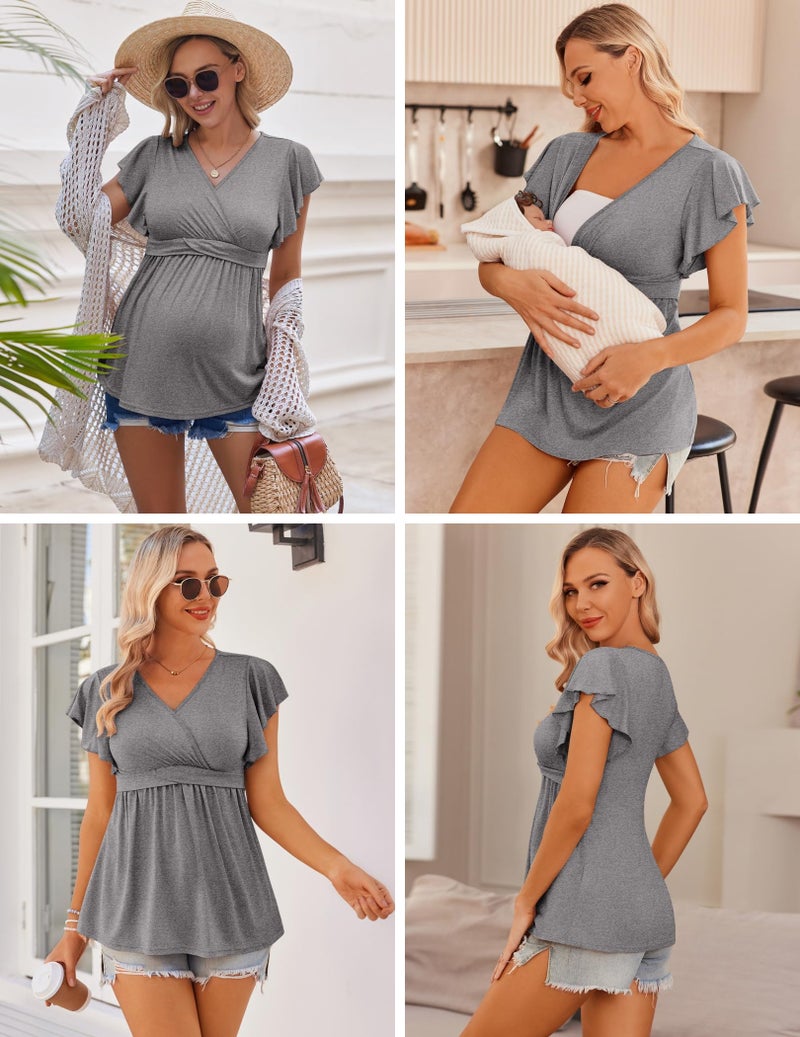 إكواير Maternity Shirts 3 Packs Flying Short Sleeve Nursing Tops Pregnancy Clothes Black+Grey+Lake Blue M - Image 4