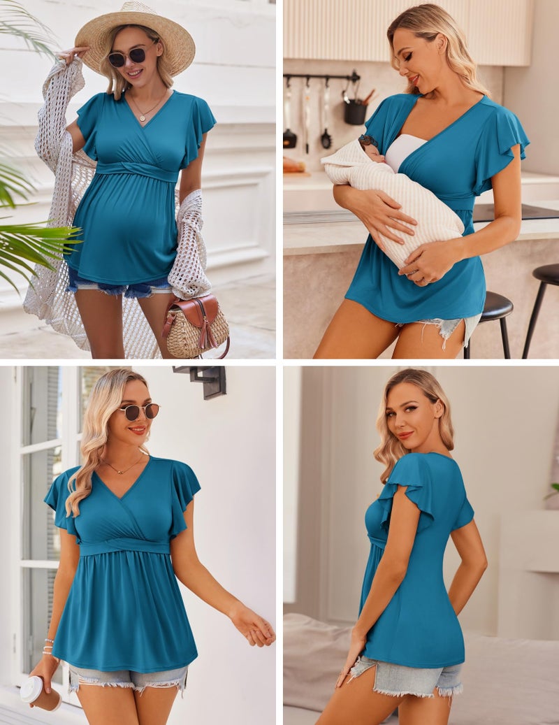 إكواير Maternity Shirts 3 Packs Flying Short Sleeve Nursing Tops Pregnancy Clothes Black+Grey+Lake Blue M - Image 5