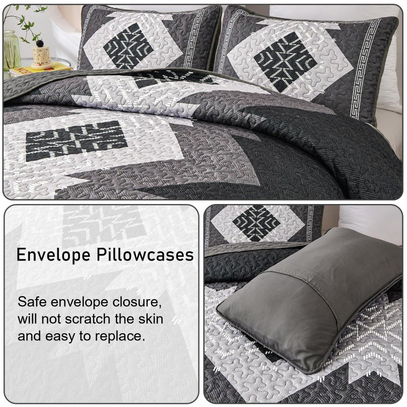 Dintszyayue Black Quilt Set Boho California King Size,3 Piece Aztec Texture Bedspread Coverlet Set Soft Lightweight Bedding Set Geometric Bohemian Bedspread with 2 Pillowcases(Black,96"x112") - Image 5