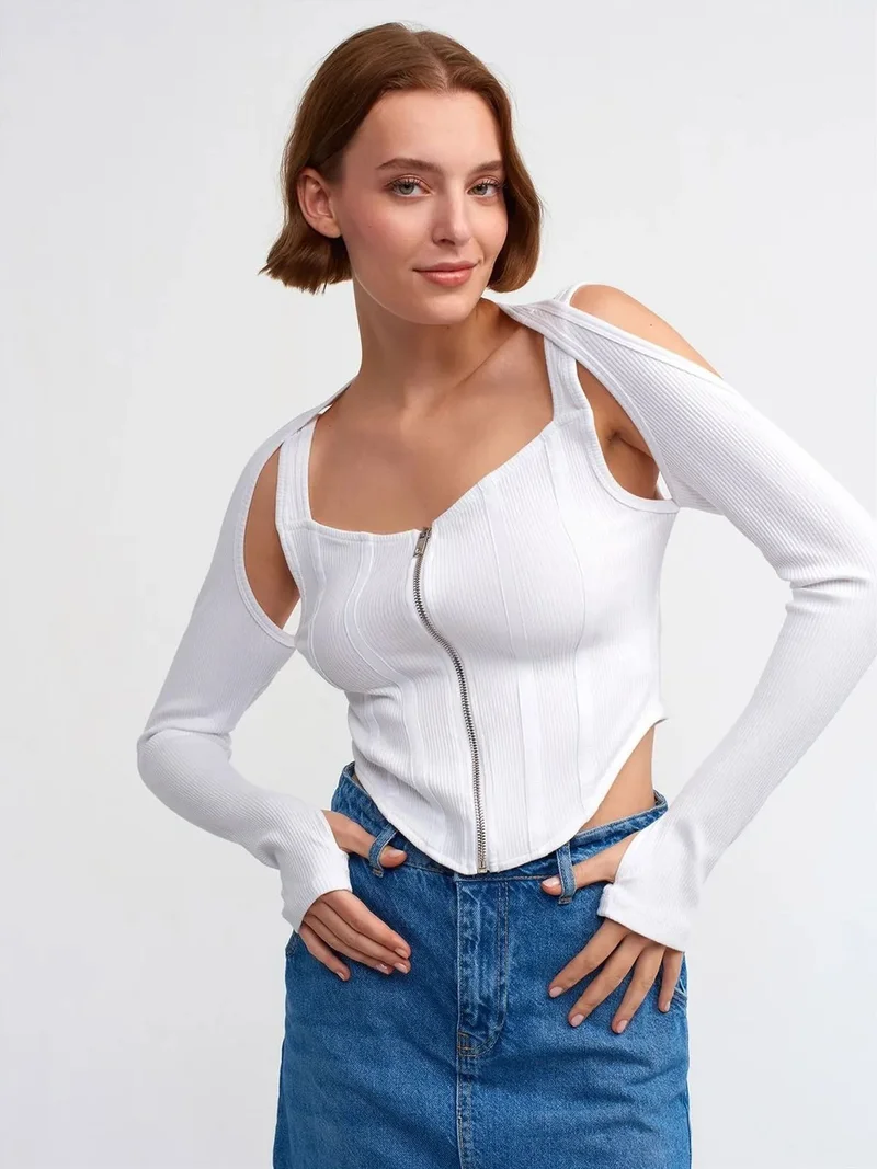 ديلفين Dilvin Fitted Ribbed Crop Blouse With Zip Front
