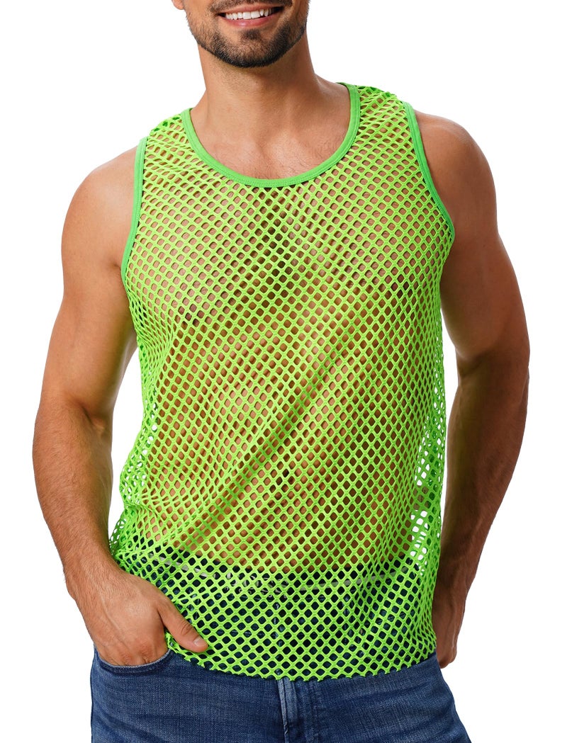 ABAFIP Mens Sheer Mesh Sleeveless Tank TopFishnet See Through Muscle ShirtGym Workout Fitted Undershirt Green Medium - Image 2