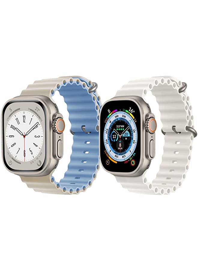 IAF Silicone Ocean Band Strap for Apple Watch Ultra 8 49mm Beige/Sky Blue Double Side Strap with White Single Color Strap Set of 2