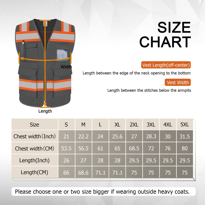 TCCFCCT Safety Vest for Men Women 5 Pockets Mesh High Visibility Reflective Vest with Reinforced Zipper, Durable Construction Work Vest with Fluorescent Orange Edge, Meets ANSI/ISEA, DW-Grey, L - Image 4