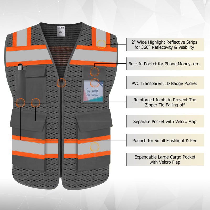 TCCFCCT Safety Vest for Men Women 5 Pockets Mesh High Visibility Reflective Vest with Reinforced Zipper, Durable Construction Work Vest with Fluorescent Orange Edge, Meets ANSI/ISEA, DW-Grey, L - Image 3
