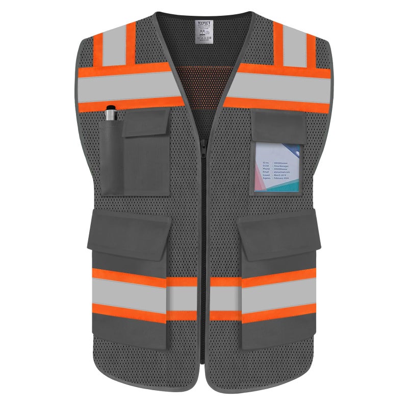 TCCFCCT Safety Vest for Men Women 5 Pockets Mesh High Visibility Reflective Vest with Reinforced Zipper, Durable Construction Work Vest with Fluorescent Orange Edge, Meets ANSI/ISEA, DW-Grey, L - Image 1