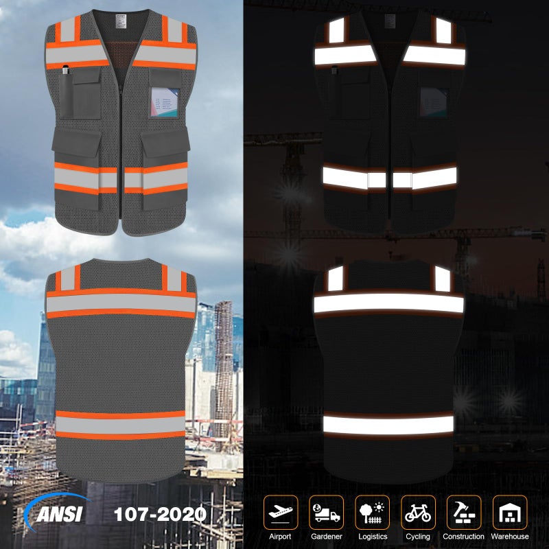 TCCFCCT Safety Vest for Men Women 5 Pockets Mesh High Visibility Reflective Vest with Reinforced Zipper, Durable Construction Work Vest with Fluorescent Orange Edge, Meets ANSI/ISEA, DW-Grey, L - Image 2