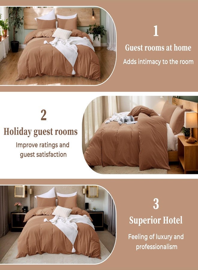 ATsense Duvet Cover Queen Size, 100% Washed Cotton, Linen Feel, Mocha Brown Comforter Cover, 3 Pieces Bedding Set, Soft and Breathable, Premium Luxury Hotel Style, Farmhouse Style - Image 5