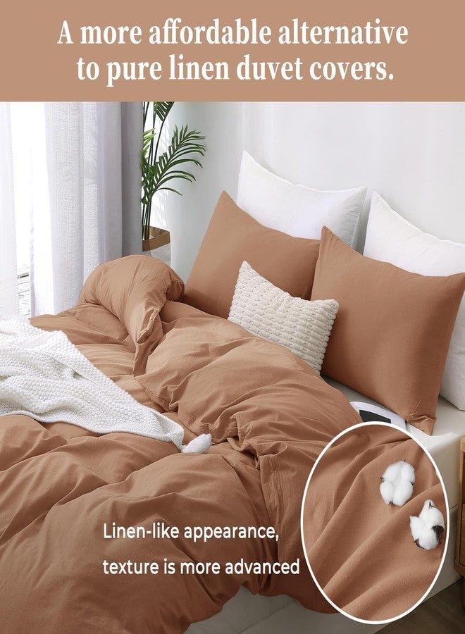 ATsense Duvet Cover Queen Size, 100% Washed Cotton, Linen Feel, Mocha Brown Comforter Cover, 3 Pieces Bedding Set, Soft and Breathable, Premium Luxury Hotel Style, Farmhouse Style - Image 4