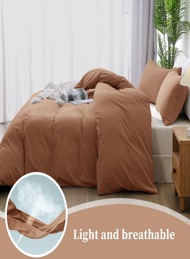 ATsense Duvet Cover Queen Size, 100% Washed Cotton, Linen Feel, Mocha Brown Comforter Cover, 3 Pieces Bedding Set, Soft and Breathable, Premium Luxury Hotel Style, Farmhouse Style - Image 2