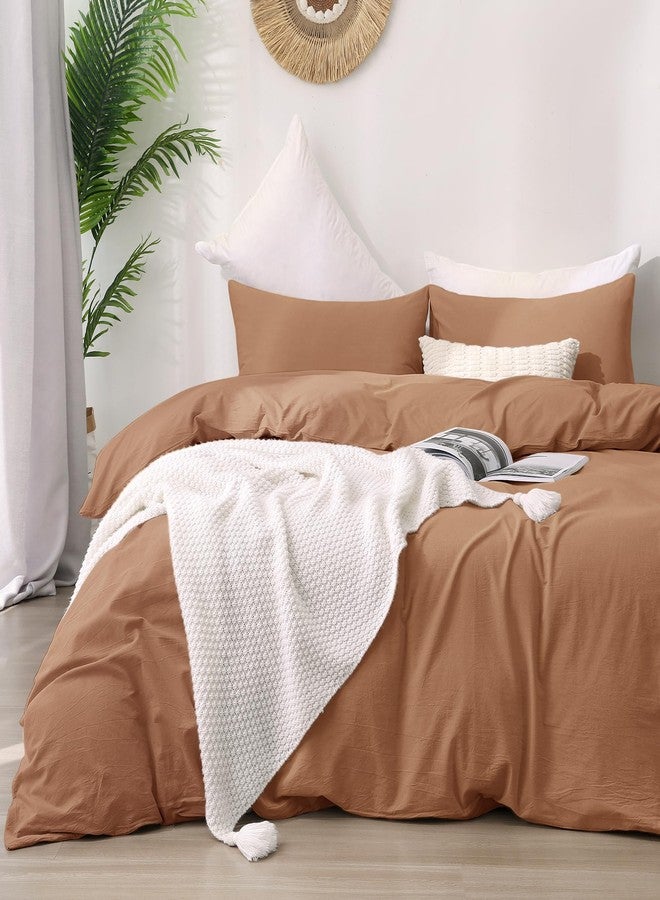 ATsense Duvet Cover Queen Size, 100% Washed Cotton, Linen Feel, Mocha Brown Comforter Cover, 3 Pieces Bedding Set, Soft and Breathable, Premium Luxury Hotel Style, Farmhouse Style - Image 1
