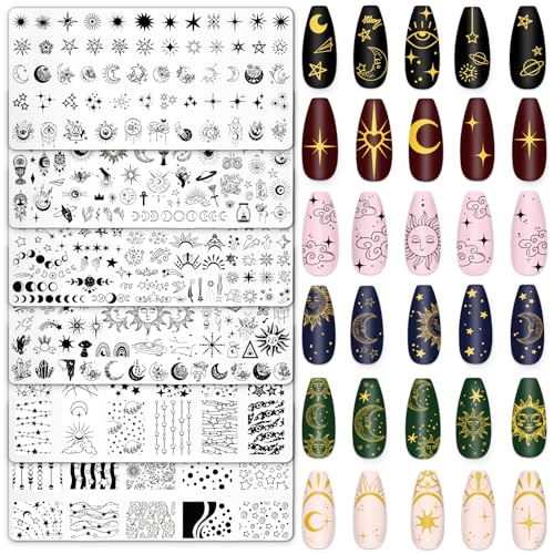 Whaline 6Pcs Sun Moon Star Nail Plates Stamping Set Groovy Stamp Templates Nail Art Plates for DIY Print Manicure Salon Design Gift Supplies - Image 1
